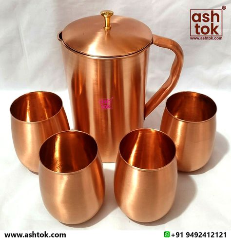 Drinkware | Copper Jug with Glasses | Glossy Finishing | Tableware | Ashtok Copper Drinkware, Yoga Health Benefits, Antique Kitchen Decor, Live Drawing, Copper Water Bottle, Copper Jug, Copper Utensils, Copper Tray, Copper Glass