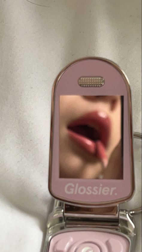 Flip Phone Mirror, Glossier Branding, Glossier Packaging, Flip Phone Aesthetic, Mirror Fashion, Y2k Makeup, Y2k Phone, Phone Packaging, Lip Wallpaper