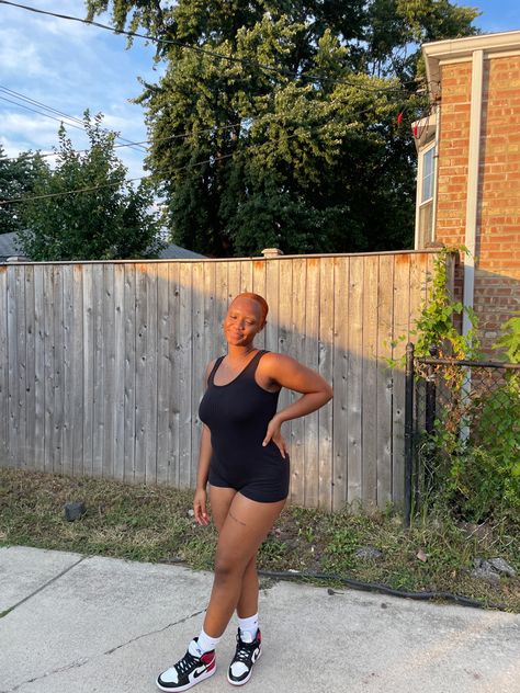 Black girl, copper hair, black romper, Jordan 1s Romper Outfit Black Women With Sneakers, Outfit With Jordans, Romper Outfit Black, Black Romper Outfit, Outfit Black Women, Jordan Retro 1, Jordan 1s, Copper Hair, Romper Outfit