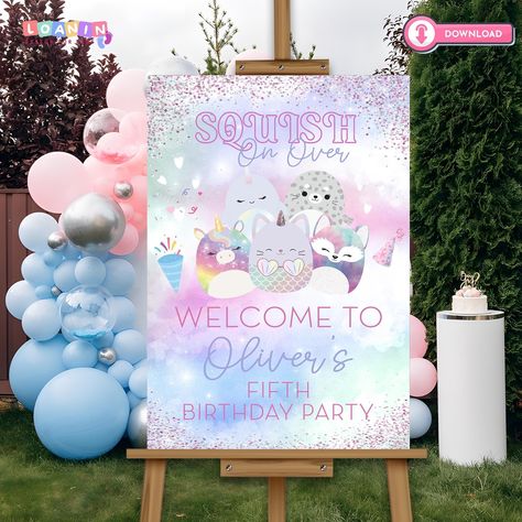 🎂 Welcome guests to your girl's special day with our printable Squishmallow birthday welcome sign! Perfect for a Squish party, this adorable sign features the beloved Squishmallow characters, adding a touch of cuteness to your birthday decor. It's an ideal way to greet guests and set the tone for a fun and cozy celebration. Simply print and display to create a warm and inviting atmosphere that will make your child's birthday extra memorable! What You'll Receive:  🌟 Charming Design: A beautiful Diy Squishmallow Party Decorations, Squishmallow Birthday Party, Squish Mallow, Squish Mellow, Birthday Welcome Sign, Girl Decor, Birthday Decor, Party Birthday, 4th Birthday