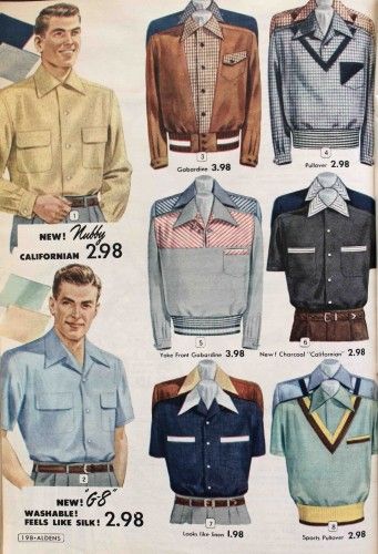 A mix of sport knits, button downs, and pullover shirts . Sport shirts were made of knit or pre-shrunk cotton and synthetic fabrics that washed and wore easily. “No iron” needed was a big selling point, mostly for house wives who were the primary purchasers of men’s shirts. 1950s Mens Clothing, 1950s Casual, 1950s Mens Fashion, 1950s Clothing, 1950s Mens, 1950s Outfits, Mode Costume, Design Moda, Look Retro