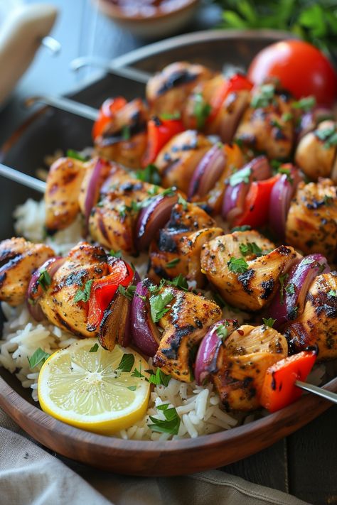 Grilled chicken kebabs with red peppers and onions served on a bed of rice with a lemon slice garnish. Moroccan Chicken Skewers, Healthy Grilled Meals, Chicken Breast Lunch Recipes, Grilled Chicken Recipes Healthy, Mediterranean Barbecue, Chicken Mediterranean Recipes, Healthy Grilled Dinner Ideas, Mediterranean Skewers, Simple Mediterranean Recipes