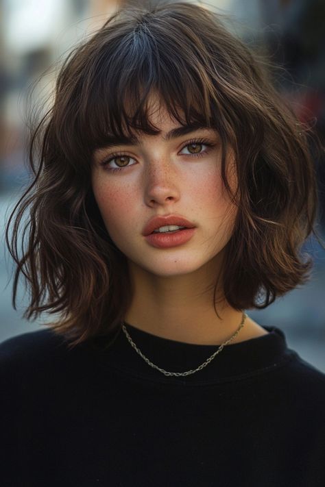 A young woman with short, wavy hair and bangs looking directly at the camera. Short Hair For Small Face For Women, Short Haïr Cut For Wavy Hair Girl, Short Hair Styles For Wavy Fine Hair, Short Haircut Low Maintenance, Hair Cuts Teen Girl, Short Hair For Teenage Girl, Short Hairstyle Women Aesthetic, Julia Roberts Short Hair, Mid Short Hairstyle Women