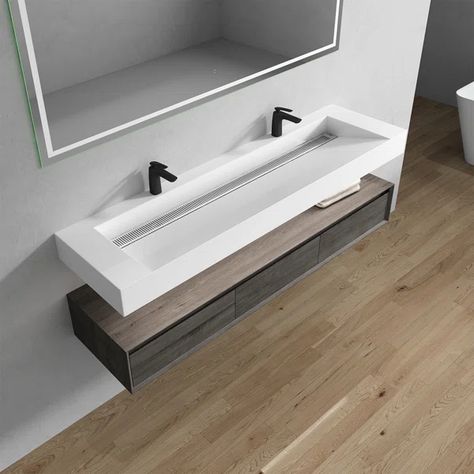 70.9'' Wall Mounted Single Bathroom Vanity with Plastic Vanity Top Small Bathroom Vanities, Wall Mounted Sink, Floating Bathroom Vanity, Double Sink Vanity, Double Bathroom, Installing Cabinets, Floating Vanity, Double Bathroom Vanity, Modern Bathroom Decor