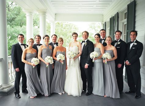 gray dresses / black tuxedos....this woman's wedding looks perfect White Tuxedo Wedding, Wedding Grey, Bridal Parties Colors, Amsale Bridesmaid, Brides Dress, Grey Bridesmaids, Black Bridesmaids, Dress Colors, Lovely Bride