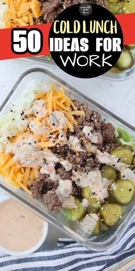 Healthy and easy cold lunches to meal prep for work like this low carb Big Mac salad recipe that's keto and gluten free. Easy Healthy Meal Prep Lunch Cold, Quick Meals On The Go, Keto Office Lunch Ideas, Calorie Deficit Meals Lunch, Lazy Keto Lunches For Work, Easy Ww Lunch Ideas For Work, Keto Lunch Ideas To Work Meal Prep, Salad Lunch Ideas To Work, Food Prep Lunch Ideas