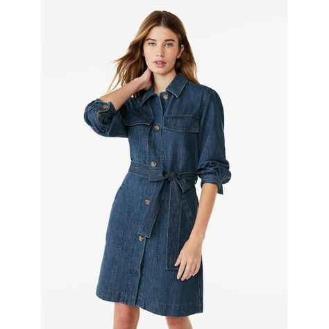 What To Wear Today, Denim Belt, Dress With Long Sleeves, Mini Dresses For Women, Career Wear, Dress Shirts For Women, Mini Shift Dress, Long Sleeve Shirt Dress, Mini Dress With Sleeves