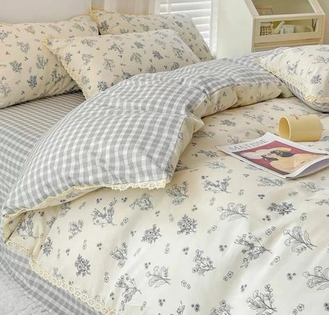 Blue Floral Cotton Duvet Cover Set Gingham Lace Jacquard - Etsy UK Cute Duvet Covers, Zimmer Diy, Chambre Inspo, Sheet Quilt, Vintage Duvet, Floral Bedding Sets, King Duvet Cover Sets, Skirt Model, Bed Skirt