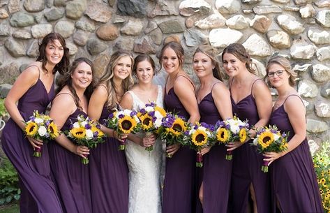 Purple And Yellow Bridesmaid Dresses, Yellow Purple Sage Wedding, Dark Purple And Yellow Wedding, Sunflower And Purple Wedding, Men In Grey Suits, Wedding Colors For 2023, Purple And Yellow Wedding, Purple Sunflowers, Beach Wedding Purple