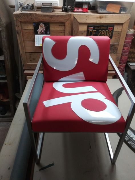 Custom supreme chair Supreme Furniture, Hypebeast Decor, Mens Bedroom Decor, Supreme Accessories, Car Detail, Industrial Inspiration, Mens Bedroom, Future Apartment Decor, Private Jets