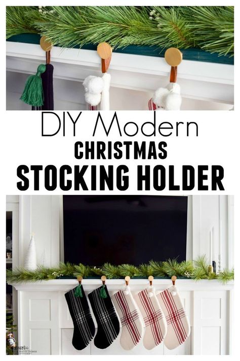 #diychristmas #christmas #diyhomedecor #diystockingholder #christmasdecorations | DIY Modern Christmas Stocking Holder | DIY Christmas decorations | stocking holders diy | stocking holders for mantel | Christmas mantel | Christmas mantle | modern farmhous Mantel Stocking Holders Diy, Diy Stocking Hooks For Mantle, Diy Mantel Christmas Trees, Modern Stocking Holder, Diy Christmas Stocking Hanger, Mantel Stocking Holders, Christmas Stocking Hangers Diy, Diy Mantle Stocking Hangers, Diy Stocking Holders For Mantle