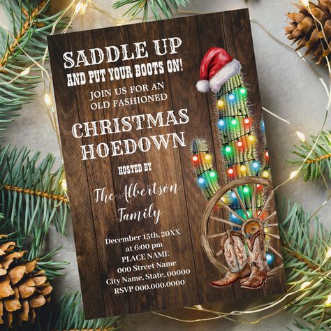 Cowboy Themed Christmas Party, Country Christmas Party Decorations, Cowboy Christmas Party Decorations, Ho Ho Hoedown Christmas Party, Western Christmas Party Ideas, Country Christmas Party Theme, Country Christmas Party Ideas, Country Christmas Invitations, Cowboy Christmas Party