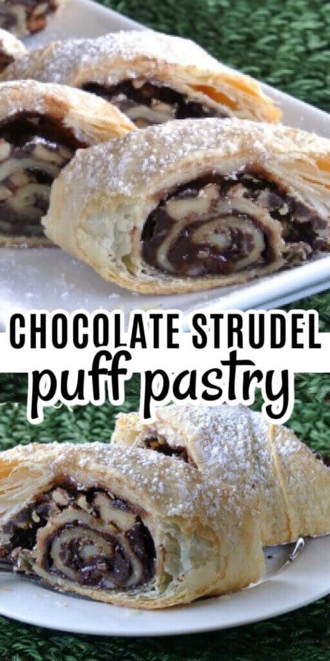 Chocolate Strudel, Puff Pastry Chocolate, Decadent Dinner, Puff Pastry Recipes Dessert, Chocolate Puff, Pastry Ideas, Breakfast Chocolate, Pastries Recipes Dessert, Strudel Recipes