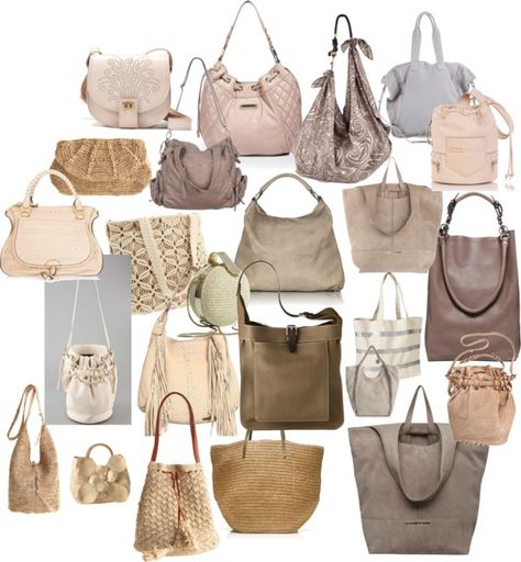 "Light Neutral Bags" by mpsakatrixie on Polyvore Soft Summer Light, Neutral Bags, Soft Summer Fashion, Natural Handbags, Natural Kibbe, Soft Summer Palette, Soft Summer Color Palette, Color Seasons, Neutral Bag