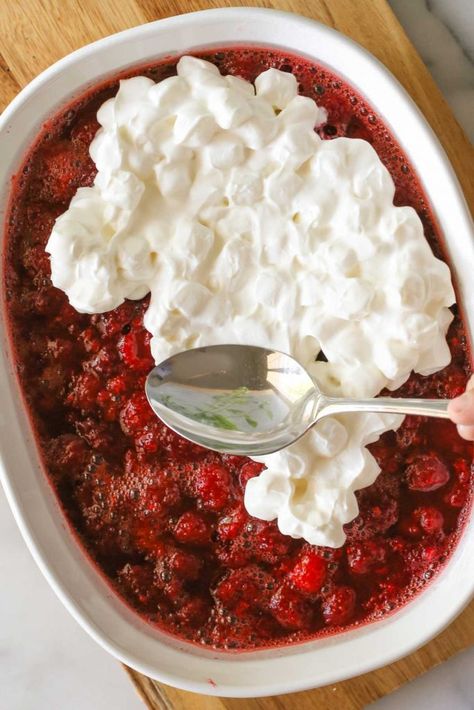 This Raspberry Jello Salad could not be easier to make, and it looks so beautifully bright and festive on a holiday table. Easter Jello Recipes Fruit Salads, Raspberry Jello Recipes, Thanksgiving Jello Salad, Easter Jello, Congealed Salads, Jello Fluff, Raspberry Jello Salad, Fluff Recipes, Fluff Salads