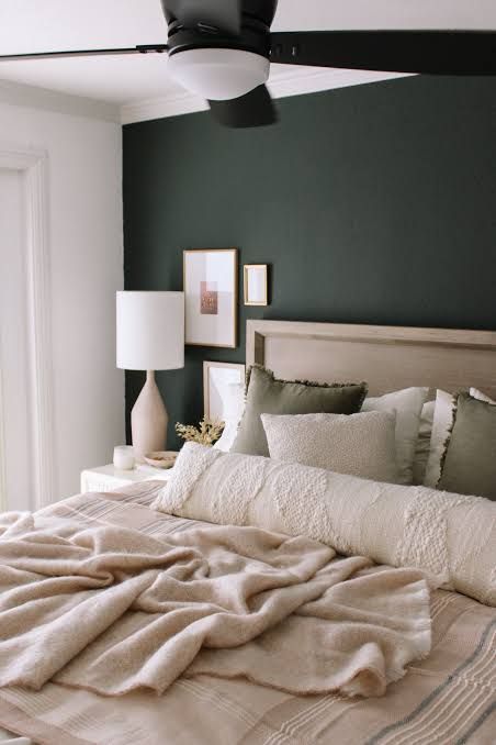 Modern Farmhouse Bedroom Olive Green, Neutral Bedding With Sage Green Accents, Brown And Green Bedding Aesthetic, Sage Green Black And Beige Bedroom, Khaki And Cream Bedroom, Neutral And Green Decor, Olive And Oatmeal Bedroom, Beige Bedroom With Green Accents, Dark Green And Neutral Bedroom