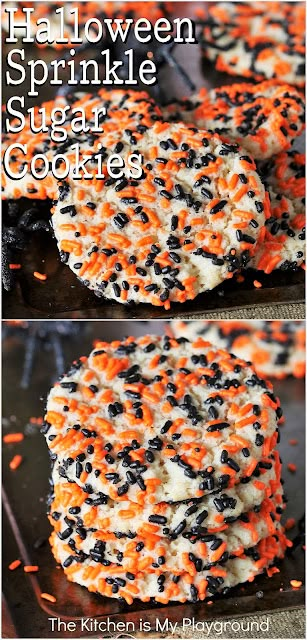 Halloween Sprinkle Sugar Cookies ~ Tender, chewy sugar cookies coated in Halloween-themed sprinkles make for one super tasty Halloween sweet treat! These fun cookies are sure to be loved by all. -- I mean, who doesn't love sprinkles, right? www.thekitchenismyplayground.com Homemade Halloween Cookies, Sprinkle Sugar Cookies, Easy Halloween Cookies Recipes, Sprinkle Cookies Recipe, Halloween Themed Desserts, Halloween Sweet Treats, Halloween Sugar Cookies Decorated, Easy Halloween Cookies, Fall Eats