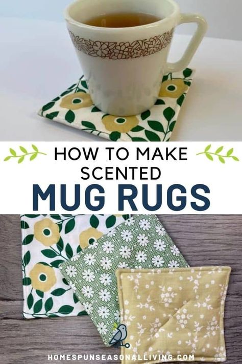 Make naturally scented mug rugs to protect surfaces from hot liquids and fill the air with delightful smells with this easy pattern. Scented Mug Rugs, No Sew Mug Rug, Fall Sewing Crafts To Sell, Fall Mug Rugs Patterns Free, Scented Coasters, Easy Sewing Projects To Sell, Syprosjekter For Nybegynnere, Sewn Gifts, Painted Porch