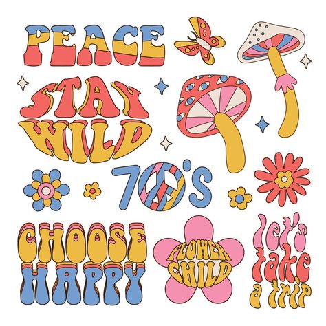 70s Stickers Vintage, 70s Design Elements, 70s Phrases, 70s Tshirt Design, 70s Doodles, 70s Elements, Hippie Carnaval, Hippie Lettering, 70s Clipart