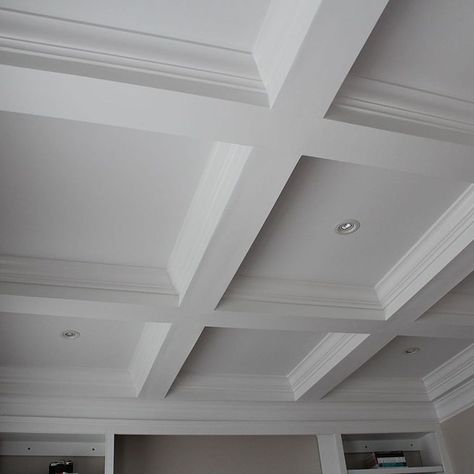 The coffered ceiling was the most time consuming part of the project. The beams are drywall with crown in the center. Coffer Ceiling, Coffered Ceiling Design, Box Ceiling, Molding Ceiling, Office Remodel, Plafond Design, Faux Plafond, Ceiling Design Bedroom, Built In Cabinets