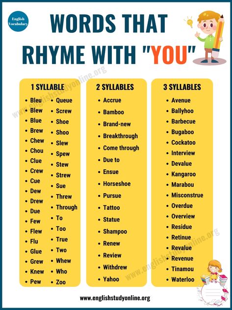 70 Useful Words That Rhyme with You in English - English Study Online Words That Rhyme With You, English Punctuation, English Rhymes, Body Preschool, Kindergarten Phonics Worksheets, Easy Korean Words, Proper English, Song Ideas, English Skills