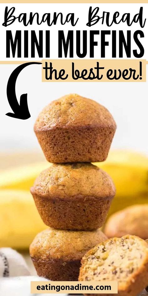 Try these simple Banana bread mini muffins for an affordable and delicious breakfast idea. These mini banana muffins are easy to make and moist too.  You’ll love this healthy mini muffin recipe that is an easy breakfast recipe.  #eatingonadime #muffinrecipes #bananabread #breakfastrecipes Mini Muffins Healthy, Banana Bread Mini Muffins, Banana Bread Recipe Easy Moist, Simple Banana Bread, Moist Banana Muffins, Mini Muffin Recipe, Mini Banana Muffins, Banana Muffins Easy, Healthy Banana Muffins