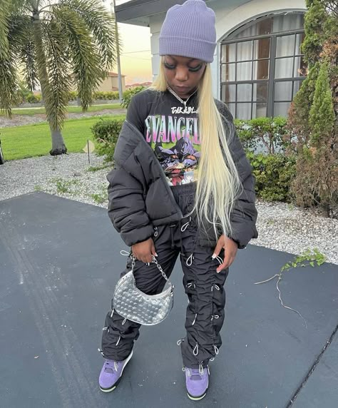 Jordan 4 Crayon Purple Outfit, Jordan 5s Outfit Black Women, Canon Purple 4s Outfit, Canyon Purple Jordan 4 Outfit Women, Canyon 4s Outfit, Purple 4s Outfit, Purple Canyon 4s Outfit, Canyon Purple Jordan 4 Outfit, Beanie Outfit Black Women