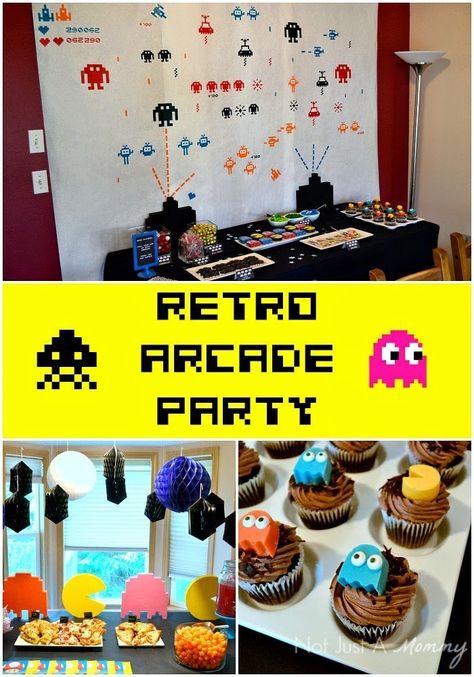 Fiesta Friday/Real Party - Classic Arcade Game Truck Party - Revel and Glitter Arcade Themed Birthday Party, Video Game Birthday Party Ideas, Game Birthday Party Ideas, Retro Video Game Party, Wine Cheese Party, Arcade Birthday Parties, Pac Man Party, Arcade Party, Video Game Birthday Party