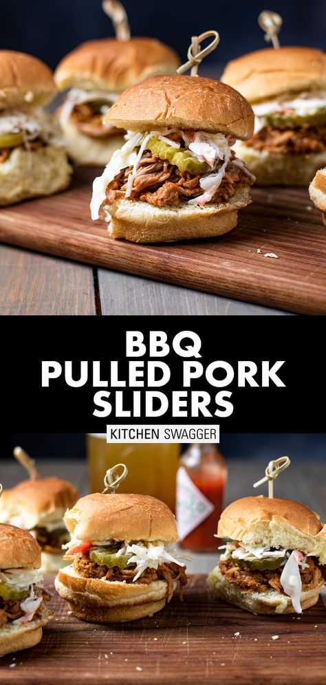 My BBQ pulled pork sliders are made with slow-roasted (slow cooker or crock pot) pork shoulder (or pork butt), doused with BBQ sauce, and topped with a simple homemade coleslaw and dill pickles. All held together by your favorite slider buns (or even Hawaiian dinner rolls). Sliders are the ultimate crowd-pleasing summer appetizer for any backyard BBQ. #pulledporksliders #slowcookerpulledpork #bbqporksliders #crockpotrecipes Pulled Pork Sliders Hawaiian Rolls, Crock Pot Pork Shoulder, Hand Sandwiches, Hawaiian Dinner Rolls, Bbq Pulled Pork Sliders, Pork Sliders Recipes, Hawaiian Dinner, Crock Pot Pork, Pulled Pork Sliders