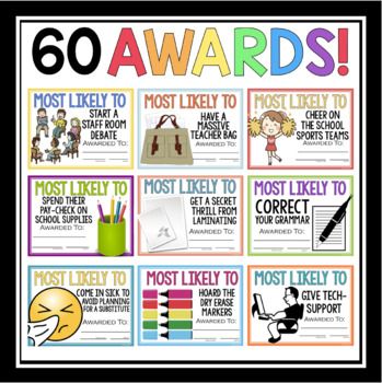 END OF THE YEAR AWARDS FOR TEACHER / STAFF MOST LIKELY TO by Presto Plans Funny Teacher Awards, Work Team Building Activities, Preschool Director, Staff Awards, Funny Awards, Classroom Awards, Teacher Morale, Elementary Principal, English Teacher Resources