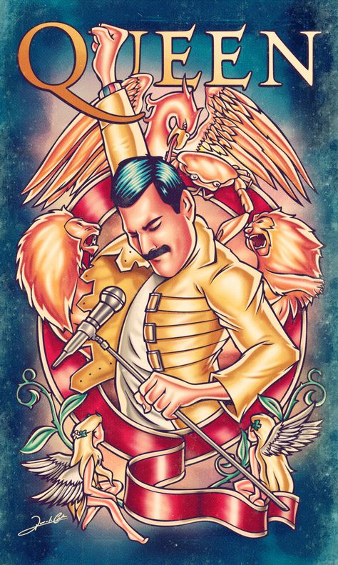 Ilustração sobre uma das maiores bandas de todos os tempos, o Queen! Na arte vemos o incrível vocalista Freddie Mercury com sua clássica jaqueta amarela, cercado pelo brasão da banda inglesa. Arte Jazz, Rock Band Posters, Freddy Mercury, Queen Freddie Mercury, Queen Art, Rock N’roll, Queen Band, Rock Posters, Foto Vintage