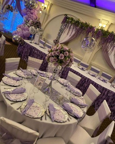 @julianas_bridal on Instagram Wisteria Sweet 16, Wisteria Quinceanera Theme, Pastel Purple Sweet 16 Theme, Lilac Quinceanera Decorations Tablecloth, Purple Quinceañera Cake, Quince Lilac Decorations, Venue Decorations Quinceanera, Lilac Purple Quinceanera Theme, Light Purple Wedding Ideas