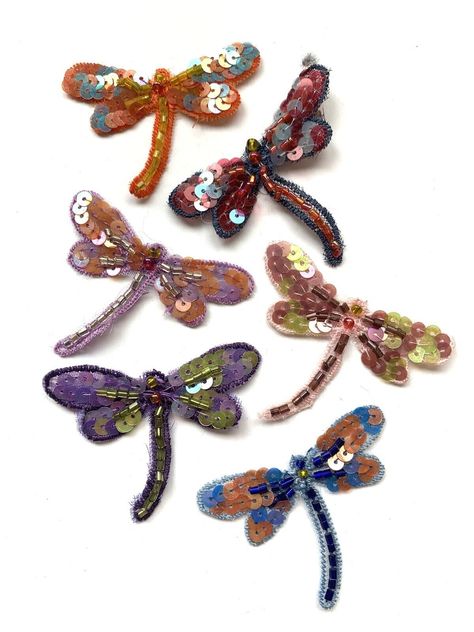 6 dragonfly appliqué sequins beads crafting sewing. Beaded Embroidery Patterns, Sew On Sequins, Dragonfly Embroidery, Beaded Dragonfly, Sequin Crafts, Bead Sewing, Bead Embroidery Patterns, Beaded Applique, Beaded Animals