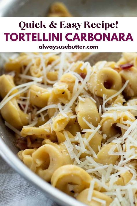 All you need for this classic carbonara recipe is about 15 minutes and 6 ingredients. Use my tips for making this creamy carbonara with no cream. It's delicious and easy to make, using bacon and two different types of cheese. The tortellini gives it a fun twist.  You can use either dried, fresh or frozen tortellini, with any filling you like. Tortellini Carbonara Recipes, Bacon Tortellini, Classic Carbonara Recipe, Tortellini Carbonara, Frozen Tortellini, Classic Carbonara, Carbonara Ingredients, Easy Carbonara Recipe, Different Types Of Cheese