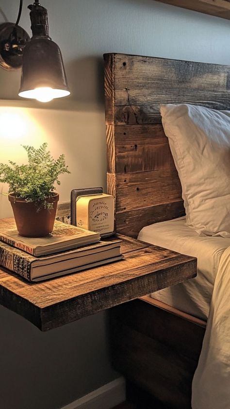 Maximize space in your small bedroom with DIY floating nightstands! These sleek, minimalist shelves provide functional bedside storage without taking up floor space. Perfect for adding a modern, space-saving touch to your bedroom while keeping essentials close at hand. 🛠✨ #FloatingNightstands #SmallSpaceLiving #DIYFurniture #BedroomDecor Night Stand Shelves, Bedside Floating Table, Floating Nightstand Bedroom Ideas, Small Wooden Nightstand, Floating End Tables Night Stands, Diy Night Stands Bed Side Table, Diy Floating Nightstand Bedside Tables, Nightstand Alternative Small Spaces, Floating Bedside Table Diy