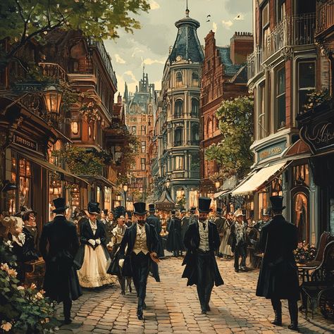 "Victorian Street Scene: Elegant Victorian era individuals walking leisurely through a bustling, architecturally rich urban street lined with shops. #victorians #streetscape #elegancelifestyle #historicarchitecture #cobblestonestreets #aiartworks #aistockphoto #stockcake ⬇️ Download and 📝 Prompt 👉 https://stockcake.com/i/victorian-street-scene_1206583_781204" Victorian Era Landscape, 1800s Streets, Victorian Street Scene, Victorian City House, Victorian Royalty Aesthetic, Victorian Era Buildings, Victorian Street Aesthetic, Victorian Village Aesthetic, Victorian City Aesthetic