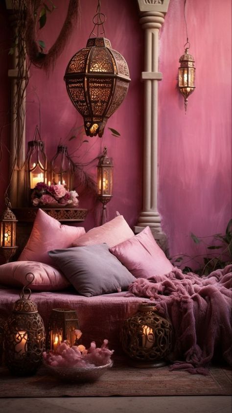 Romantic Pink Bedroom, Black And Red Bedroom, Magenta Room, Pink Goth Room, Red Bedroom Ideas, Bedroom Ideas For Teens, Exotic Bedrooms, Moroccan Bedroom, Moody Decor