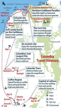 Itinerary for 17 days Colombia! Download the Colombia map on our website to your smartphone and save it as image so you can use it offline. Colombia Map, Columbia Travel, Colombia Travel Guide, Tayrona National Park, Trip To Colombia, Visit Colombia, Backpacking South America, South America Destinations, Colombia Travel