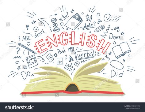 English. Open book with language hand drawn doodles and lettering on white background. Education vector illustration. #Ad , #sponsored, #language#hand#drawn#English English Education Wallpaper Backgrounds, English Language Project Ideas, English Wallpaper School, English Drawing Notebook, English Class Wallpaper, English Posters Design, English Design Ideas, English Background Design, English Doodles