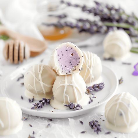 Chocolate Honey Recipes, Honey Lavender Truffles, Honey Lavender White Chocolate Truffles, Honey Truffles, Lavender Truffles, Lavender Dessert, White Chocolate Desserts, White Chocolate Truffles, Honey Lavender