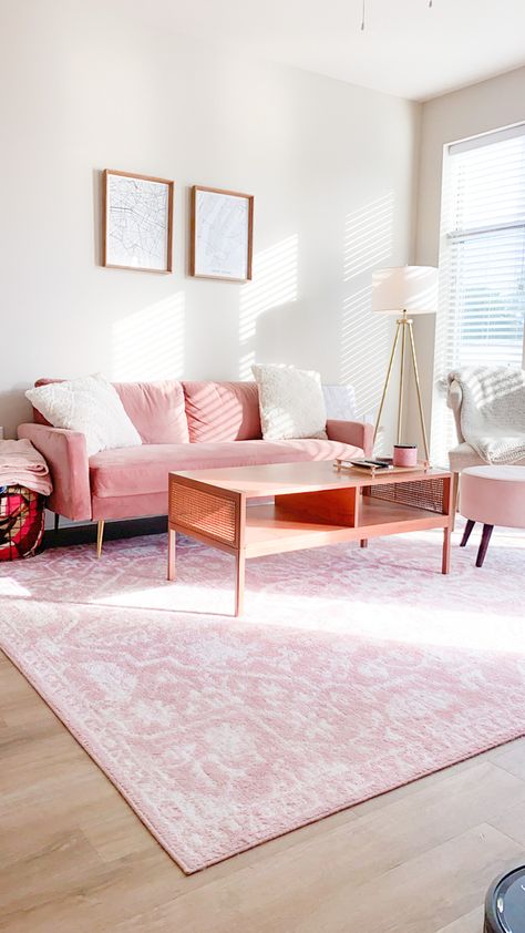 Bright and airy minimalistic pink living room Bright Girly Living Room, Pink Rug Living Room Inspiration, Pink Rug Living Room, Pink Living Room Ideas, Prep School Style, Monochromatic Living Room, Feminine Living Room, Pink Apartment, Living Room Nook