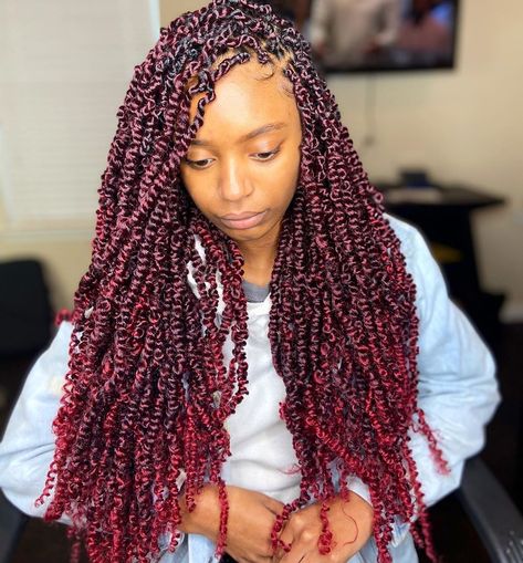 BAHALOCS ✄ on Instagram: “Small sized burgundy passion twists.” Burgundy Passion Twists Black Women, Burgundy Passion Twists, Small Passion Twists, Blk Hairstyles, Marley Twist Hairstyles, Hair Braid Patterns, Braid Twist, Hairstyle Braids, Barbie Hairstyle