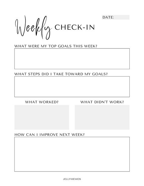 Weekly check-in page that says weekly check-in at the top with journal prompts throughout the page. Ipad Goals Template, Business Weekly Planner, Weekly Update Template, Weekly Review Questions, Weekly Reflection Template, Weekly Check In, Weekly Weigh In Template, Weekly Review Template, Cute Weekly Planner Template