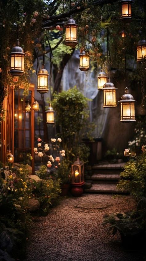 Hanging Lights Tree, Hanging Lanterns In Trees, Backyard Lanterns Hanging, Lantern Hanging From Tree, Magical Garden Aesthetic, Fantasy Garden Ideas, Secret Garden Aesthetic Night, Beautiful Gardens Magical, Tree Lanterns Hanging