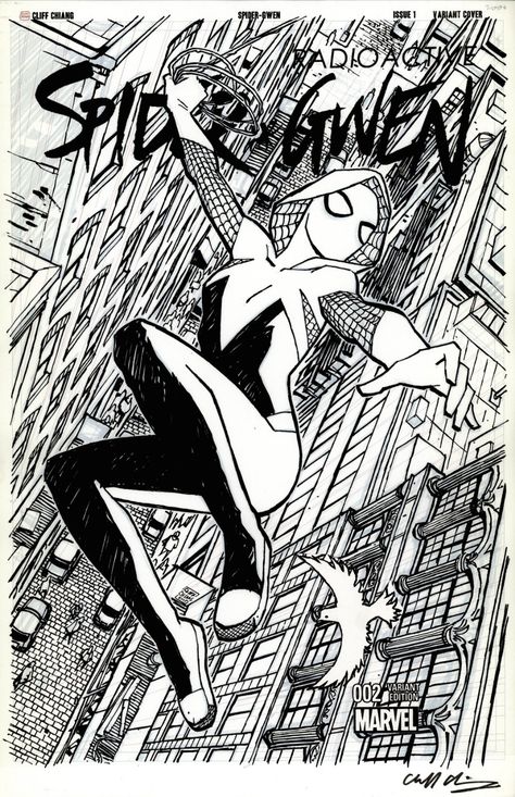 CHIANG, CLIFF - Spider‑Gwen #2 rarer variant cover, Radioactive Spider-Qwen over the city 2015 - W.B. Spider Man Poster Black And White, Spider Gwen Comic Cover, Ghost Spider Comic Cover, Radioactive Spider, Spider Woman Comic Cover, Spider Man Comic Panel Black And White, Manga Drawings, Graduation Cap Decoration Diy, Cap Decoration