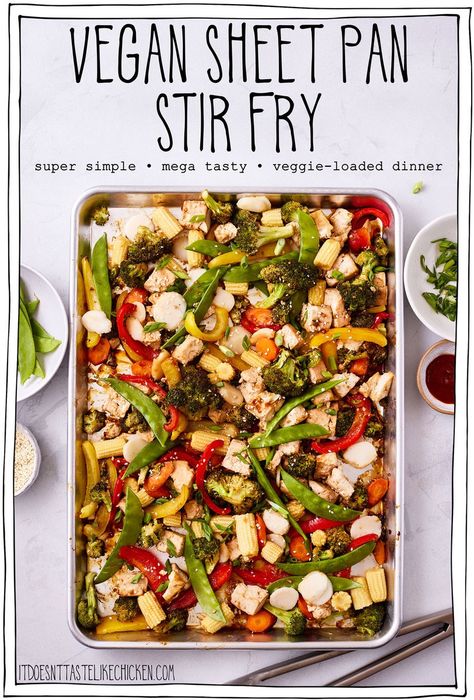 Looking for a super simple, mega tasty, veggie-loaded dinner? Vegan Sheet Pan Stir Fry is what you need! All the flavors of a vegetable stir fry, minus the messy frying. Just toss all the veggies and tofu on a baking sheet, coat in the simple stir-fry sauce, and let the oven do its magic. The vegetables come out perfectly tender crisp, and full of flavor. Serve on rice or noodles for an easy weeknight meal that's packed full of good-for-you veggies! #itdoesnttastelikechicken #sheetpan #stirfry Vegan Teriyaki Stir Fry, Sheet Pan Vegetarian Meals, Oven Stir Fry, Sheet Pan Stir Fry, Tofu Sheet Pan, Tofu Dinner, Vegan Sheet Pan, Yogurt Dill Sauce, Garlic Tofu