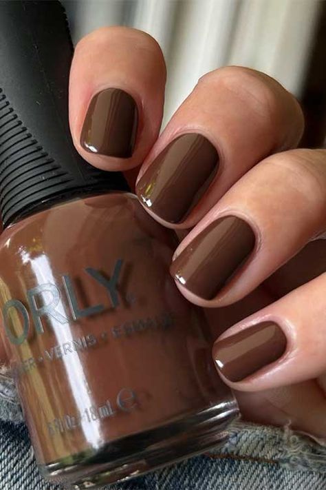 Orly Don't Be Suspicious Chocolate Brown Nails Short, Short Chocolate Nails, Fall Nail Black Women, Chocolate Brown Nail Polish, Chocolate Color Nails, Short Nails Ideas Brown, Dark Brown Short Nails, Brown Nail Polish Colors, Brown Nails Ideas Short