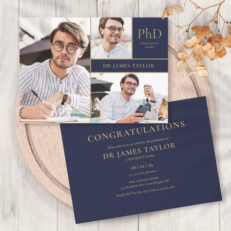 This modern PhD degree graduation party invitation can be personalized with your 3 special grad photos and celebration details set in gold typography on a navy blue background. Designed by Thisisnotme© Law School Graduation Party, Phd Degree, Graduation Invitation Cards, Degree Graduation, Graduation Party Invitations Templates, Law School Graduation, Gold Typography, Graduation Party Invitation, Grad Photos