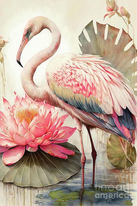 TINA LECOUR Colorful Floral Art, Flamingo Illustration, Illustration Kunst, Art Funky, Bird Illustrations, Flamingo Decor, Funky Wall Art, Pastel Sec, Animal Portraits Art