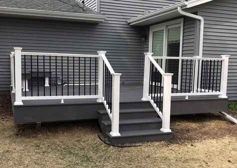 Grey Decks And Porches, Deck Color For Dark Grey House, Gray House With Deck, Vinyl Decking Ideas, Black Painted Deck, Deck Colors For Gray House, Railing For Porch, Grey Deck Paint, Unique Deck Railing Ideas